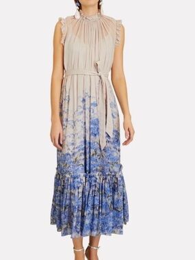 Zimmermann Sleeveless Blue Floral Tiered Midi Dress
